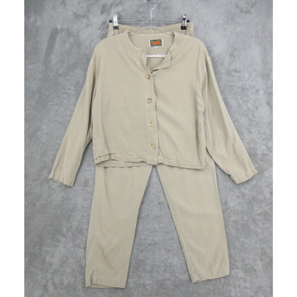 Vintage Tianello Pant Set Womens Size XS Chambray Button Pull On Pockets Beige